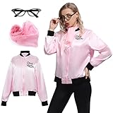 Wizland Women's Pink Ladies Grease Jacket for Halloween Cosplay Costume 1950s Pink Satin Jacket with Neck Scarfs and Eye Glasses XL