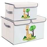 DIMJ 2 Pack Toy Boxes with Lid, Large Kids Storage Box Cartoon Fabric Toy Organiser Foldable Bins with Handles for Kids, Clothes, Toys, Books, Nursery, Home (Beige 2)