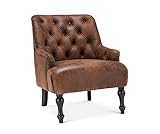 Antique Retro Chesterfield Buttoned Brown Faux Leather/Suede Occasional Accent Chair – Luxurious Single Armchair for Traditional Modern Small Spaces, Living Room Bedroom Conservatory Reading