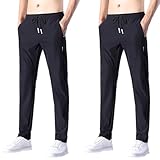 Mens Ice Silk Sweatpants, Pack of 2 Lightweight Summer Trousers Loose Fit Jogging Trouser with Drawstring Stretchy Casual Sweatpants Solid Colour Straight Slim Tracksuit Bottom Black