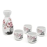 Sake Set Japanese Sake Pot Set Traditional Sake Cup Hand Painted Design Porcelain Pottery Ceramic Crafts Wine Glasses Saki Cups 5 Piece (Cherry Blossoms New)