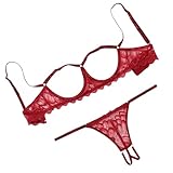 Sexy Lace Lingerie Women Floral Strappy Bra and Panties Set Sheer Mesh Babydoll 2 Piece Push Up Underwire Bralette G-String Underwear Naughty Hollow Sleepwear for Party Outfit Valentine (Wine red, S)