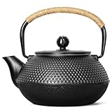 VonShef Cast Iron Teapot, Black Japanese Teapot with Infuser, 800ml 4 Cup Loose Leaf Tea Pot with Mesh Strainer, Stovetop Tetsubin Tea Kettle with Hobnail Design