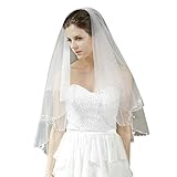 Bridal Short Lace Wedding Veil White With Crystals Sequins Handmade 2 Tier Elegant Bride Veils With Comb Lace Edge Appliques Women Beautiful Wedding Hen Party Accessories Length 39"&59" Two Size