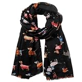 Purple Possum® Dachshund Scarf Ladies Sausage Dogs Wrap Cute Dog Print Womens Lightweight Cotton Blend Shawl (Black)