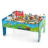 COSTWAY Train Track Set and Table, Wood Kids Play Tables with Abundant Accessories, DIY Railway Activity Playset for Boys Girls