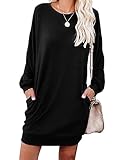 PrinStory Women Jumper Dress Long Sleeve Winter Dresses Casual Loose Mini Dresses Knitted Pullover Sweater Tunic Tops Basic Dress With Side Pockets UK Size 10-12 (Black, M)