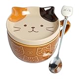 HOTUT Cute Cat Mug with Lid, Cute Animal Coffee Tea Cup Saucer Set, Kawaii Ceramic Mugs with Biscuit Holder and Spoon, Funny Novelty Cat Breakfast Mugs for Girls Friend Kids Men Wife Mum - Brown