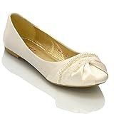 ESSEX GLAM New Womens LACE Pearl Wedding Bridal Ivory White Ballerina Flat Pumps Shoes Size 3 4 5 6 7 8 (UK 8 / EU 41 / US 10, Ivory Satin)