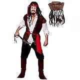 Adult Mens Caribbean Captain Jack Pirate Fancy Dress Costume + Hat With Hair & Beads (Men: Large)