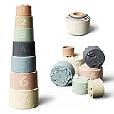 Moonkie Baby Stacking Cups Toy Silicone, Teether for Baby, Early Development & Activity Toys, Silicone Soft Toy, for Bath Play, Stacking Toys 7 Piece Set, Gifts for Boys and Girls 6 Months+