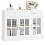 FirFurd 120cm White Sideboard, Living Room Cabinets, Kitchen Sideboard, Display Cabinet with 3 Glass Doors 2 Drawers and Adjustable Shelves Wooden 120x40x84cm