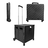 Berry 50 L Foldable Shopping Trolley - Black, 40 KG Plastic Trolley Cart with 2 Wheels and Lid, Portable Cart with Telescopic Handle, Large Multipurpose Utility Cart for Shopping, Teacher, Laundry