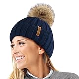 TOSKATOK®Womens Warm Winter Hat Woolly Knitted Beanie with Detachable Chunky Faux Fur Bobble Pom Pom-Navy