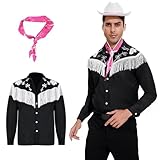AKFJDLAD Men Western Classic Shirt Cowboy Costume Halloween Long Sleeve Black Printed Shirt with White Fringe Cosplay Costume with Scarf (L)