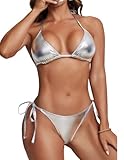 NewBull Womens Sexy Bikini Sets Metallic Swimsuit Shiny Triangle Bra Top+Tie-Side Thong Bottom 2 Pieces Wetlook Leather Lingerie PU Beach Bathing Suit Halter Bra and Cheeky Swimwear Silver