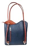 Ostrich Style Italian Leather Convertible Handbag Genuine Leather Backpack Classic Shoulder Bag Elegant Women's Multi-wear Bag (Navy and Tan)