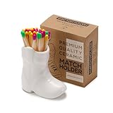 AetheresEmporium Ceramic Cowboy Boot Match Holder with Striker, 4 Inch Portable Cute Matchbox in White, Vintage Decor Match Holder for Fireplace (No Matchsticks Included) - White Version