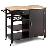 TANGZON Kitchen Island on Wheels, Rolling Kitchen Storage Trolley with Cabinet, Oak Wood Worktop, 2 Shelves, Wine Rack, Adjustable Shelf, Drawer & Towel Rack, Utility Serving Cart Sideboard (Brown)
