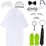 Puteraya 12 PCS Old Man Mad Scientist Costume Crazy Doctor White Lab Coat Physicist Wig Grandpa Costume for Adult Halloween Cosplay Party (XXL)