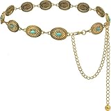 Liutufy Women's Turquoise Concho Chain Belt Western Cowgirl Metal Waist Chain Belt for Dress (B Gold-L)