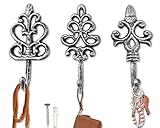 Shabby Chic Cast Iron Decorative Wall Hooks - Rustic - Silver - Antique - French Country Charm - Large Decorative Hanging Hooks - Set of 3 - Screws and Anchors for Mounting Included- 7"x3.15"