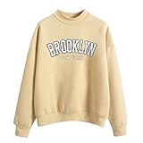 Brooklyb New York Solid Pullover Sweatshirts for Women 2025 Trendy Crew Neck Clothes Fall Long Sleeve Brooklyn New York No Hood Sweaters Cartoon Loose Fit University Comfort Anime Beige