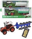 Electoys Toy Farm Tractors with Trailers for Children Friction Powered Playset Plastic Farm Vehicle Toys with Water Tank Plough Attachments Imaginative Play for Kids Age 3 Years Plus