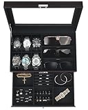 Kukikan Watch Jewellery Box Organiser, Watch Case and Sunglasses Storage with Large Glass Lid, 6 Slots and 2 Layers, Men's Jewellery Box with Lock, Watch Holder Display Case, Gift for Men Women