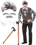 BIQIQI Old Man Costume Old Man Wig, Mustache, Eyebrows, Round Glasses and Inflatable Walking Stick, Men Halloween Carnival Novelty Props Old Professor Mad Scientist Albert Einstien Grandpa Costume