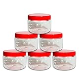 AFSUK 6 x 200ml Plastic Storage Jar With Screw Top Lids Red Airtight Food Storage Containers BPA Free For Kitchen, Herb, Spices, Sweets Clear Round Canister pots