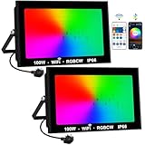 T-SUNUS Smart LED RGBW Floodlight Outdoor 100W, Colour Changing Flood Light IP66 Waterproof, WiFi Floodlight APP Control with Timing, Halloween Lights Outdoor, for Party Deck Stage dj Garden(2 Pack)