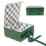 Tekhoho Green Gift Box 22x22x10cm, Premium Present Box with Magnetic Lid and Ribbon for Holidays Wedding Birthday Gift Packaging, Plaid Lining