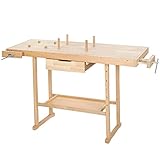 tectake® Wooden Workbench with Spacious Worktop, Drawer & Built-in Shelf, Sturdy & Multi-Functional Woodwork Bench with 2 Bench Vices, Ideal as DIY, Workshop & Garage Workbench - 137 x 50 x 87 cm
