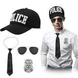 EUPSIIU 4 Pieces Police Costume For Adult, Police Baseball Cap Cuffs Badge Black Tie Sunglasses Halloween Cop Fancy Dress Cosplay Embroidery Hats Unisex Costumes Headwear (Black)