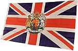 NWFlags Union Jack with Crest Flag 5ft x 3ft 75d Premium Polyester Suitable For Flagpoles | Strong Polyester 5x3 foot material Royal coat of arms of the United Kingdom flag with Eyelets
