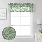 Lecloud Leia 14 Inch Sage Valance for Window Green Sheer Curtains 2 PCS, Jacquard Texture Leaves Semi Voile Living Room Curtain for Small Window, Dual Rod Pockets Bedroom Kitchen Valance, 38W x 14L