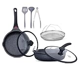 Frying Pan Set, Non Stick Cookware Set, Extra Deep, Anti Scratch, Ceramic Coated, Chemical Free, Induction Compatiable, Heat Sensor Handle, with Utencils 10 Pieces Set