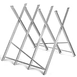 COSTWAY Foldable Steel Sawhorse, Portable Log Sawhorse Wood Stand with Notched Sawteeth, Heavy Duty Sawbuck for Firewood Cutting Sawing Work, 100KG Load Capacity