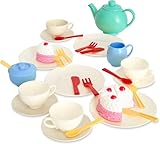Casdon 33-Piece Tea Set. Colourful Toy Playset with Teapot, Milk Jug, Cups and Saucers, Cake, and More. Suitable for Preschool Toys. Playset for Children Aged 3+, New Colourway