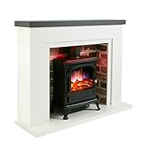 Endeavour fires Farlington Electric Fireplace, Black Log Burner Stove in 48'' Off White Surround, LED Downlights with Remote Control (Grey Top/Grey Brick)