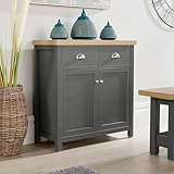 Home Source 2 Door 2 Drawer Sideboard Storage Cupboard, Shelf, Metal Handles, Oak Effect, Dark Grey