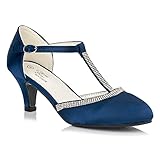 0150 Women's Satin Diamante T-Strap Low Kitten Heel Ankle Strap Bridal Wedding Special Occasion Mary Jane Court Shoes 3-8 (Navy Blue, Numeric_6)