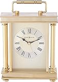 Howard Miller Audra Table Clock 645-584 – Brushed & Polished Brass Finishes, Decorative Handle, Black Accents, Modern Home Decor, Quartz Alarm Movement
