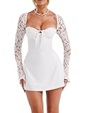 Kouoybt Women Lace Long Sleeve Mini Dress Sexy Bodycon Dress Low Cut Back Tie Backless Cocktail A-line Dresses (A-White, S)