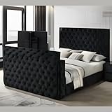 Black Plush Electric Media TV Single Bed Frame | Chesterfield Headboard & Footboard | Elegant Bed Frame with Built-In TV Compartment | Mattress & TV Not Included
