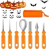 Mengine Halloween Pumpkin Carving Kit, 7 Piece Set Professional Pumpkin Carving Tools Heavy Duty Stainless Steel with Stencils and Storage Bag for Halloween Pumpkin Decorative