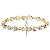 MEVECCO Dainty White Opal Bracelet 14K Gold Plated Cute Beaded Artificial Gemstone Opal Link Bracelet Charm Minimalist Handmade Bracelet for Women