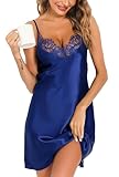 Vlazom Women Sexy Negligees Satin Silk Lace Trim V-Neck Nightdress Spaghetti Strap Chemises Full Slips Sleepwear E-Dark Blue,XL