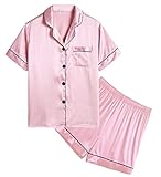 SWOMOG Girls Pyjamas Silk Satin PJs for Kids Boys Short Sleeve Sleepwear Button Dwon Silky Pyjama Sets for Teenage Baby Pink